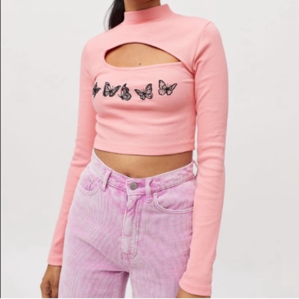 UO Embroidered Butterfly Cut Out Long Sleeve